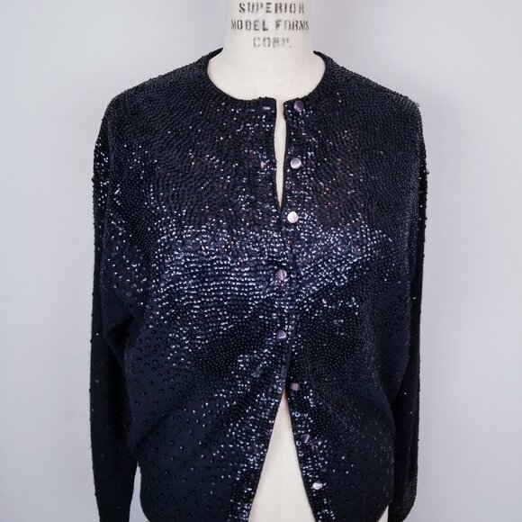 Vintage 1950's Black Sequin & Beaded Lambswool Angora Sparkly Cardigan * Med/Lrg - Picture 8 of 9